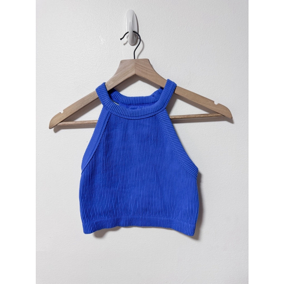 Aerie | Women's Ribbed Blue Halter Racerback High Neck Bra Crop Top, Size S - Picture 3 of 8